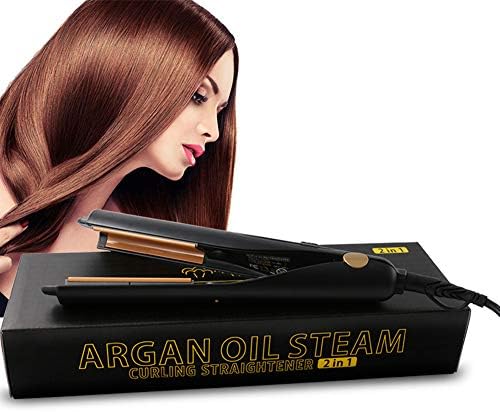 2 IN 1 Professional Hair Straightener Ceramic Steam Hair Straightening Iron Plate LCD Display Adjustable Temp Flat Iron Hair Curler Iron Dual Voltage for Travel