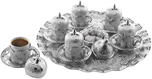 Authentic Dervish Coffee Espresso Set Turkish Ottoman Moroccon Style Nickel -27 Pieces- Porcelain Cup & Tray & Saucer & Delight Pot & Cup Holder & Cap