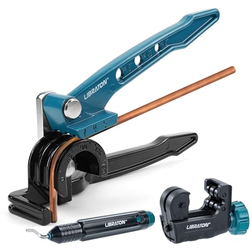 LIBRATON Pipe Bending Machine, Copper Pipe Bender, 180 Degree Bending Tool, 3 in 1 Manual Bending Machine 1/4", 5/16", 3/8", with Tube Cutter, Deburring Tool, for Brass, Aluminum Tube