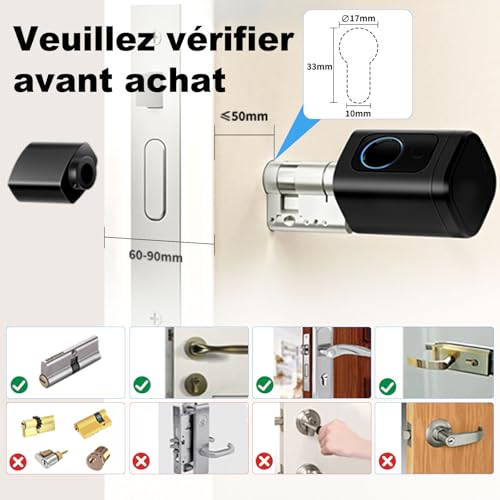Smart Lock, Electronic Fingerprint Lock, Adjustable Length Smart Lock, Electronic Lock with RFID Card Application, WiFi, Bluetooth, 60-90mm, Extension Accessories, Black