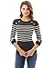 PattyBoutik Women Crewneck Striped Military Sweater (Dark Gray and Ivory Medium)