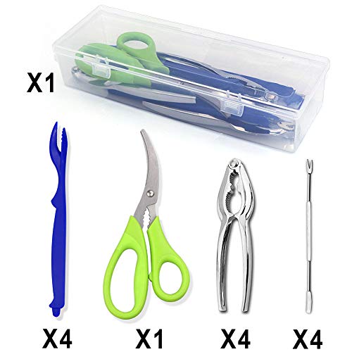 Crab legs crackers and tools, Angela&Alex 14 PCS Seafood Tools Set 4 Crab Crackers, 4 Lobster Shellers, 4 Crab Leg Forks/Picks and 1 Seafood Scissors & Storage Box Nut Cracker Set