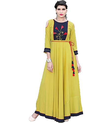 Globon impex Designer Indian Pakistani Bollywood Wedding Flor Gown Rayon Kurti Stylish Kurta Dress (Yellow, L 40)
