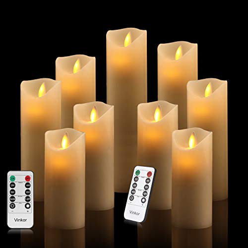 Vinkor Flameless Candles Flickering Candles Decorative Battery Flameless Candle Classic Real Wax Pillar with Dancing LED Flame & 10-Key Remote Control 2/4/6/8 Hours Timers (Ivory 4" 5" 6" 7" 8" 9")