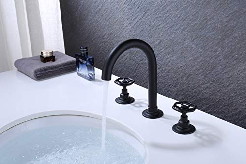 RKF Solid Brass Two Handle Widespread Bathroom Sink Faucet with Metal Pop-up Drain with overflow and CUPC Faucet Supply Hoses,Matte Black,CWF026-MB