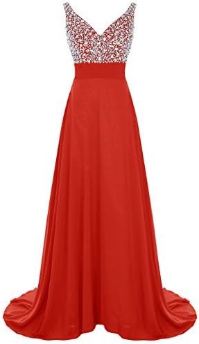 ALAGIRLS Long V Neck Prom Dress Beaded Chiffon Evening Party Gowns