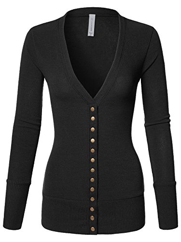 Mixed Knit V-Neck Brass Snap Button Sweater Cardigans,Large,027-Black - Thumbnail 5