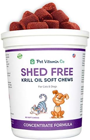 Pet Vitamin Co – Krill Oil Shed-Free Soft Chews for Dogs – Reduce Shedding & Itching – Rich in Omega 3 & Antioxidants – Improves Skin & Coat – Made in USA – 60 Soft Chews