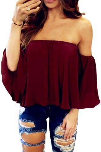 Olyrcitygirl Women Summer Off Shoulder Crop Top Casual Chiffon Blouses Short Sleeves T Shirts for Girls Juniors Teens (Small, Wine Red)