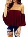 Women's Summer Off Shoulder Blouses Short Sleeves Sexy Tops Chiffon Ruffles Casual T Shirt (S,Wine Red)