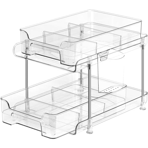 Yoawllty Under Sink Organizer, 2-Tier Bathroom Cabinet Organizer, Clear Organizers storage with Dividers and Cups, Multi-Purpose Slide-Out Storage Container for Cabinet, Fridge, Kitchen, Makeup