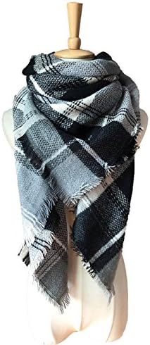 Womens Warm Tassels Plaid Scarf Fall Winter Soft Chunky Pashmina Tartan Blanket Wrap Shawl（Grey Black）
