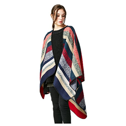 Jelinda Women Blanket Shawl Wrap Poncho Cape Winter Large Warm Striped Scarf (one size, red)