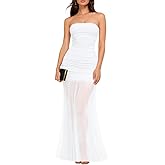LAGSHIAN Women's Elegant Wedding Guest Maxi Dress Sleeveless Tube Ruched Mesh Evening Long Dresses