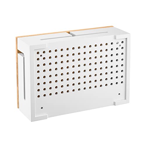 Bamboo Cable Management Box 32×20×11cm - Magnetic Lid - Cable Organizer Wall Mount with Accessories Included - Cable Storage Box for Office, TV and Home Office (White)