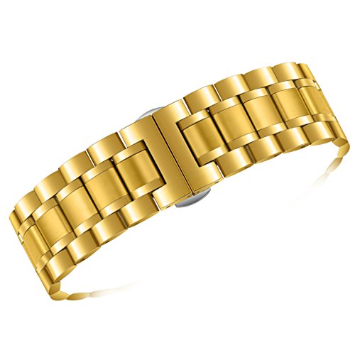 24mm Men's Deluxe Wide Solid Gold Stainless Steel Watch Bracelets Wristbands with Both Curved and Straight Ends