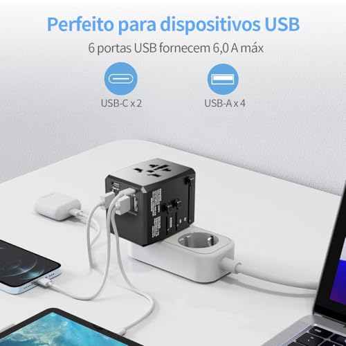 Carregador Universal com Adaptadores de Viagem, Adaptador de Tomada CA com Alimentação Inteligente de 6A 4 Portas USB A e 2 USB Tipo C de 3A para USA EU UK AUS(Bolsa de Viagem Incluída)