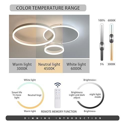 MOUNM Bedroom Chandelier, LED Ceiling Light Dimmable 3000K-6000K Aluminium, 54W 5400lm, for Bedroom, Living Room, Living Room, with Remote Control, Three Circles