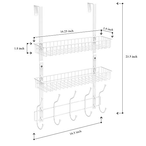 Over The Door Hook 2 Baskets & 5 Hooks Steel Storage Shelf Decorative for Office Home, Storage Organizer Rack for Coat Towel, Jewelry (White)