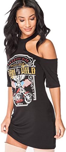 Women's Ladies Choker Neck T Shirt Dress Biker King Of Road Love N Live San Francisco American Slogan Printed Tops