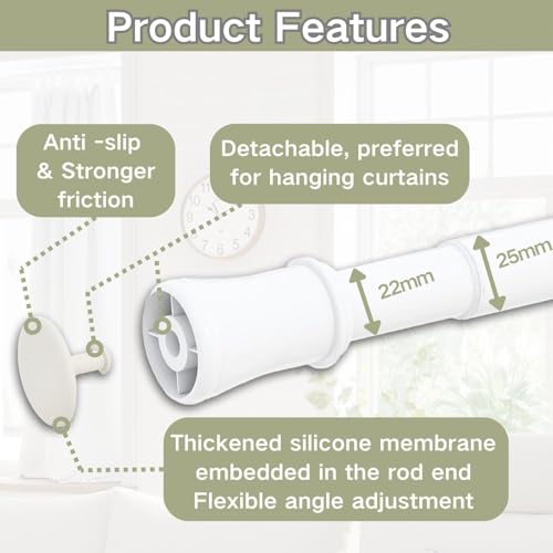 Extendable Telescopic Curtain Rod Extendable Window Tension Rod No Drilling Shower Curtain Pole,Tension Rod for Curtains,Kitchen, Closet,Hanging Pole No Tool Require, 185-250 cm (72.8-98.4"), White