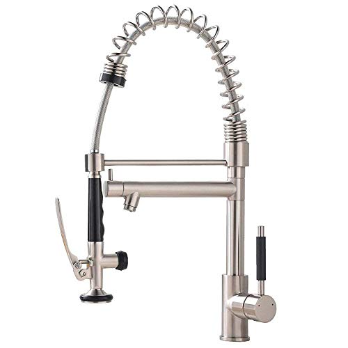 Ufaucet Commercial High Arc Heavy Spiral Spring Stainless Steel Brushed Nickel Single Handle Pre Rinse Pull Out Kitchen Faucet,Pull Down Kitchen Sink Faucet with Sprayer