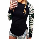 Women Camouflage Long Sleeve Cuff T-Shirt Casual Black Tops Blouses Tees