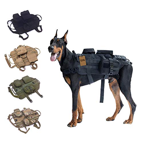 EJG Tactical Dog Molle Harness, with 3 Detachable Pouches & Velcro Area, No Pulling Design, Comfy Mesh Padding, Service Dog, Military Training, Hunting, Vest for Medium & Large Dog