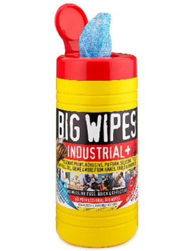 Big Wipes 60020002 Industrial + Pre-Moisten Heavy Duty Dual Sided Wipe, 1 Side for Scrubbing 1 Smooth, 12" Length x 8" Width (Tub of 80)