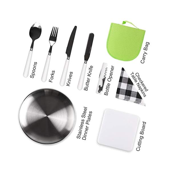 Odoland-Stainless-Steel-Camping-Cutlery-Set-with-Spoon-Fork-Knife-Plate-Bottles-Opener-Table-Napkins-and-Storage-Bag-Kitchen-Tableware-Kit-for-Daily-Meal-or-Outdoor-Hiking-Picnic-for-Two-People Odoland Camping Cutlery Set for 2 People - Durable Stainless Steel Kitchen Tableware Kit with Spoon Fork Bottle Opener…