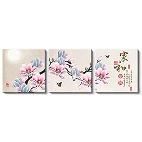 Canvas Wall Art Chinese Flowers and Birds Painting Artwork for Home Prints Framed - 12"x12"x3 Panels