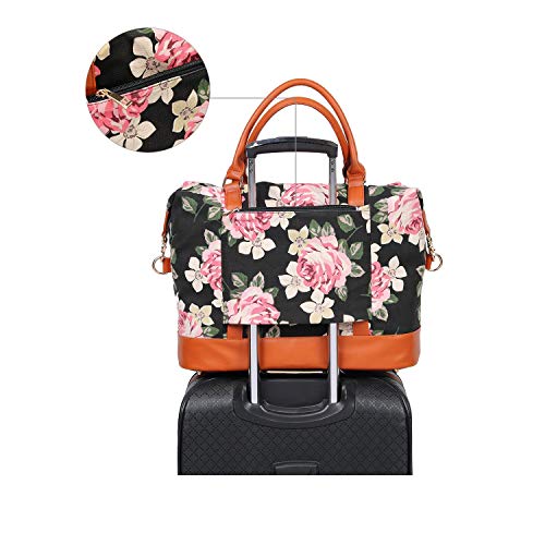 Women Ladies Canvas Weekender Bag Overnight Carry-on Tote Duffel in Trolley Handle (Flower-black) - //medicalbooks.filipinodoctors.org