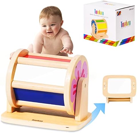 Tambour Arc-en-ciel Miroir Tambour Arc-en-Ciel Bébé 6-12 Mois | Bois Avec Miroir & Cloche | Jouet Éducatif | 21x13x15cm Jeu Motricité Fine Miroir