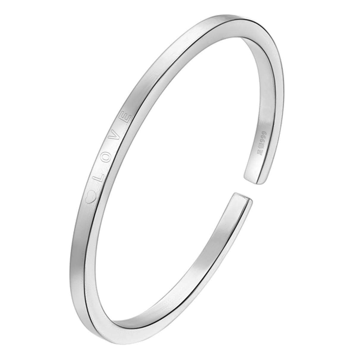 Mecool S999 Sterling Silver Cuff Bangle Bracelets for Women Adjustable Textured Love Bracelet Inside Diameter 2.24"