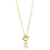 Yifnny Diamond Necklaces for Women Natural Stone Paperclip Toggle Necklace 14K Gold Plated Emerald Birthstone Necklace for Women Paper Clip Chain Blue Green Cubic Zirconia Pendant Birthday Gifts for Women Mother Jewelry