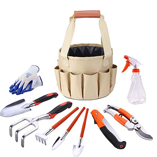 Uheng 10 Piece Garden Tools Set - Gardening Tools with Working Gloves Tote Bag - Gardening Gifts Hand Tool Set with Garden Trowel Pruners Shears - Vegetable Herb Tools