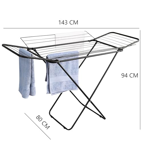 Maxeb Varal de Chão Dobrável com 4 Abas Laterais, Aço Reforçado, Pintura Epóxi Preto, Compacto, Suporta até 20 kg