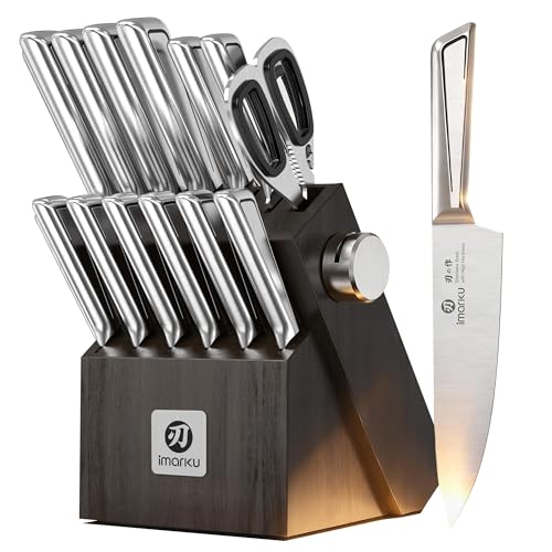 imarku 14-Piece Knife Set, Japanese High Carbon Stainless Steel Knife Block Sets, Ultra-Sharp Kitchen Knife Set with Built-in Sharpener, Dishwasher Safe, Gray