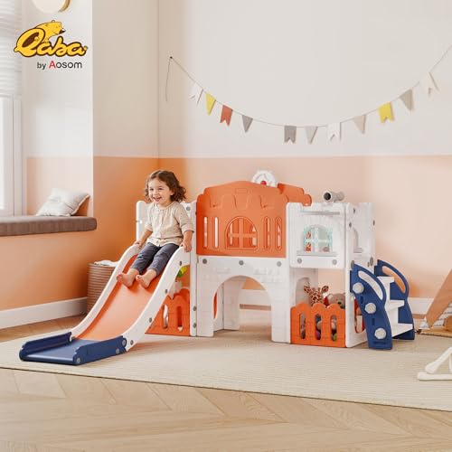 Qaba Toddler Slide, 9 in 1 Slide for Kids with Basketball Hoop, Climber, Telescope, Tunnel, Steering Wheel, Aisle, Storage Baskets, Indoor Slide Playset for 1-3 Years, Orange