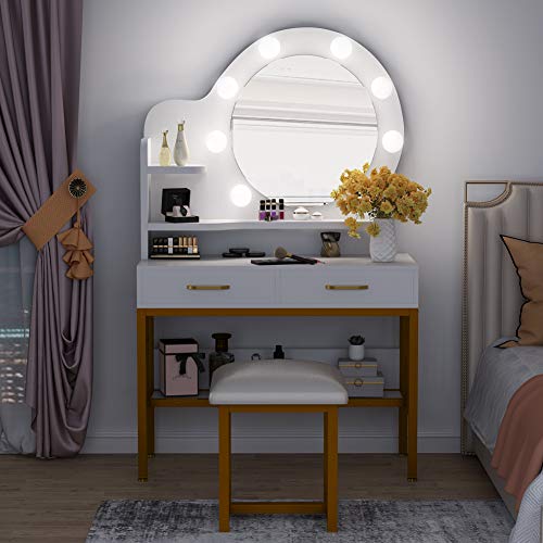 Tribesigns Vanity Set with Round Lighted Mirror and Cushioned Stool