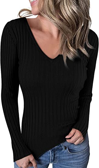 HATANT WOMEN’S RIB SWEATERS V-NECK V BACKLESS TUNIC PULLOVER SWEATER CLASSIC ELASTIC SOLID COLOR CASUAL LONG SLEEVE SWEATER FOR WOMEN V-NECK PULLOVER KNIT JUMPER TOPS WINTER CLOTHES HS-M