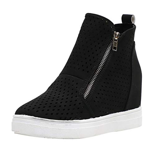 ONLY TOP Womens Wedgie Sneakers Platform High Top Wedge Booties Slip on Heeled Hollow Out Ankle Boots Black