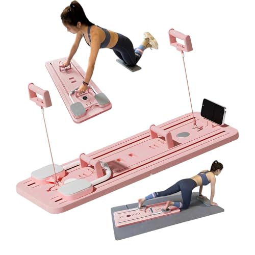 Tavola addominale multifunzione con fasce di resistenza e tappetino per ginocchia, rullo automatico per rimbalzo con supporto per gomiti, tavola per esercizi addominali multifunzione (rosa)