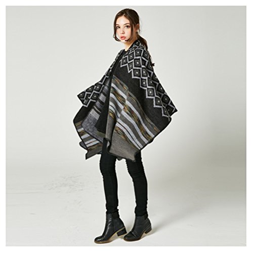 Poncho，Jelinda Women's Reversible Tassel Hem Batwing Sleeves Cape Poncho Cloak Jumper (Black) - Thumbnail 4