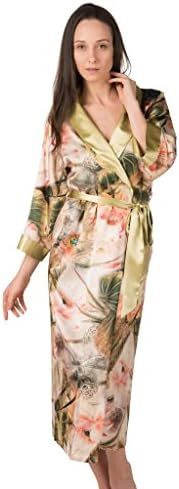 Dynasty Robes 100% Silk, Women's Printed Long Robe with Shawl Collar-Lotus Melody