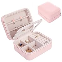 YCLOVE Mini Jewelry Box Organizer Travel Small Portable Storage Case with Mirror Zipper Pink for Rings Earrings Necklace Storage Girls Women