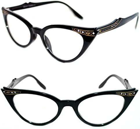 WOMEN'S CAT EYE SMALL RETRO GRADIENT FRAME CLEAR LENS GLASSES WITH GOLD RHINESTONES (All Black)