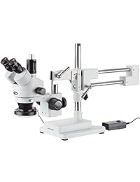 AmScope Microscopio profesional trinocular con zoom estéreo SM 4TZ 144A, unidades de visualización WH10x, aumento de 3,5X 90X, objetivo con zoom 0,7X 4,5X, anillo de luz LED de 4 zonas, soporte de tipo jirafa con 2 brazos, 110V 240V, incluye lentes Barlow