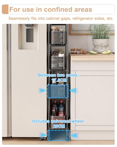 UMDONX Premium Metal Kitchen Trolley Pull out Drawers Narrow 5 Tier, Vegetable Fruit Storage Rack Utility Organiser Cart, Slim Shelving Unit with Universal Lockable Wheels - Black