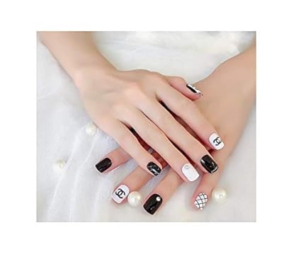 TBOP FAKE NAIL art reusable French long Artifical False nails 24 pcs set Jelly Gel type of finished printing patch bride craft nail in Black and White color